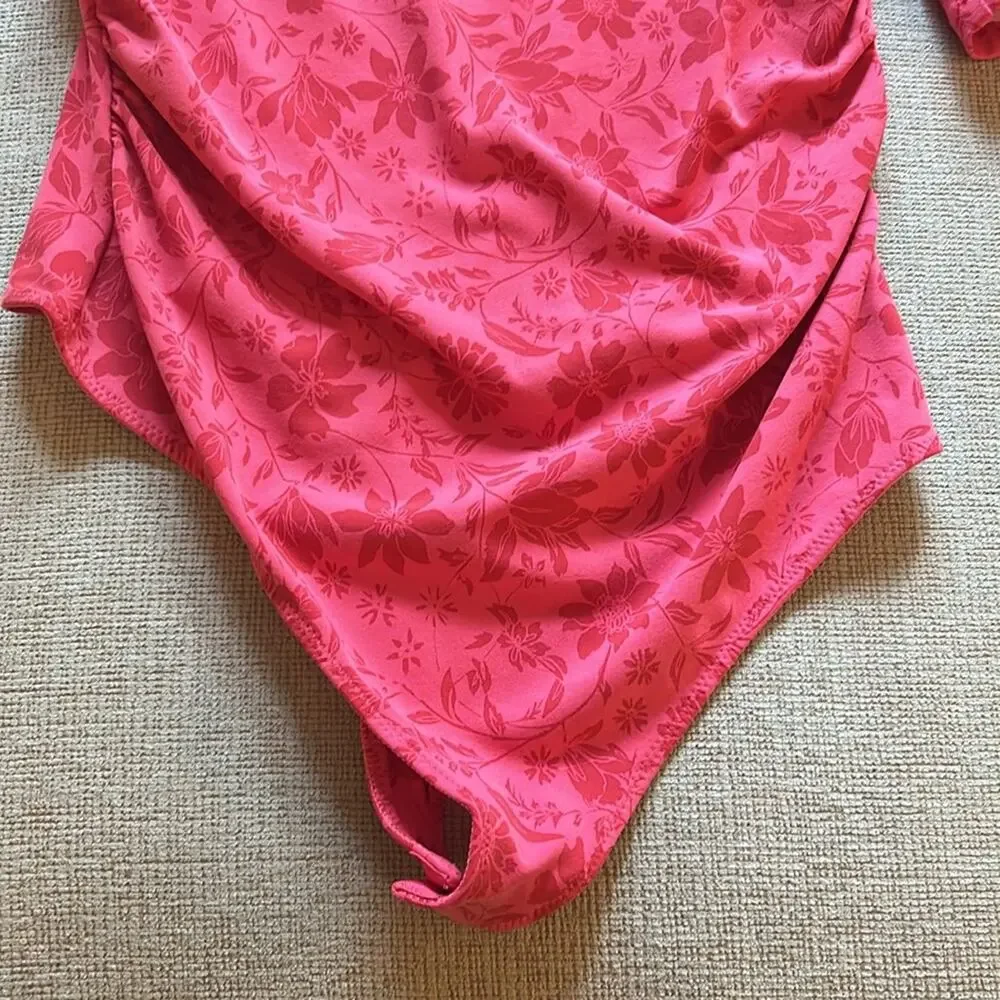 NWT Free People Something About You Floral Puff Shoulder Bodysuit Hot Pink Combo